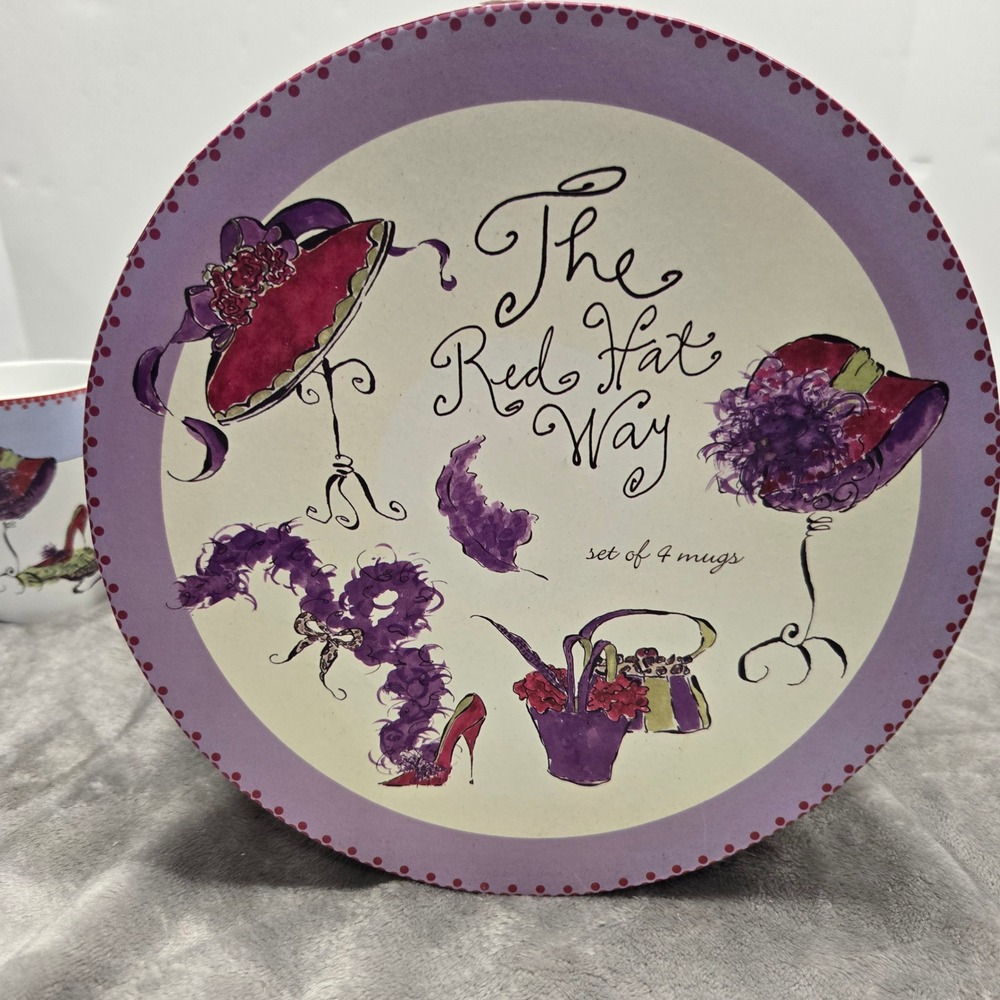 The Red Hat Way Set of 4 Coffee Mugs with Decorative Box Purple Red Hat Society - Picture 6 of 8